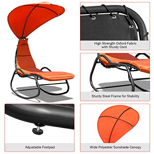 Giantex Chaise Lounge Swing Chair, Outdoor Hammock with Stand and Canopy, Porch Swing w/Soft Cushion Removable Headrest, Outdoor Recliner Rocking Chair for Garden Backyard Poolside (Orange)