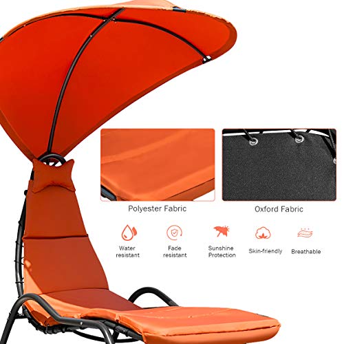 Giantex Chaise Lounge Swing Chair, Outdoor Hammock with Stand and Canopy, Porch Swing w/Soft Cushion Removable Headrest, Outdoor Recliner Rocking Chair for Garden Backyard Poolside (Orange)