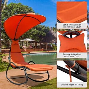 Giantex Chaise Lounge Swing Chair, Outdoor Hammock with Stand and Canopy, Porch Swing w/Soft Cushion Removable Headrest, Outdoor Recliner Rocking Chair for Garden Backyard Poolside (Orange)