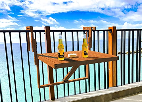 Interbuild Toronto Balcony Folding Deck Table, Outdoor Hanging Railing Bar Table, FSC Acacia Wood, 28 x 23 Inches, Adjustable, Golden Teak