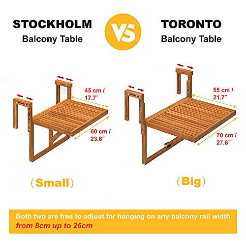 Interbuild Toronto Balcony Folding Deck Table, Outdoor Hanging Railing Bar Table, FSC Acacia Wood, 28 x 23 Inches, Adjustable, Golden Teak