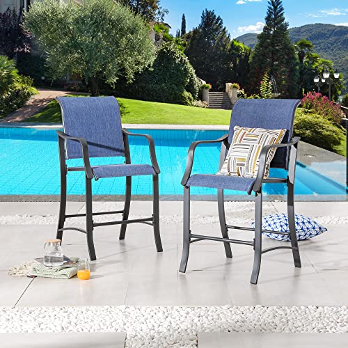 LOKATSE HOME 2 Pieces Outdoor Counter Height Bar Stools Patio Furniture Metal Armchair Set, Blue