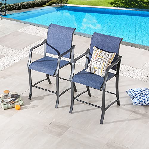 LOKATSE HOME 2 Pieces Outdoor Counter Height Bar Stools Patio Furniture Metal Armchair Set, Blue