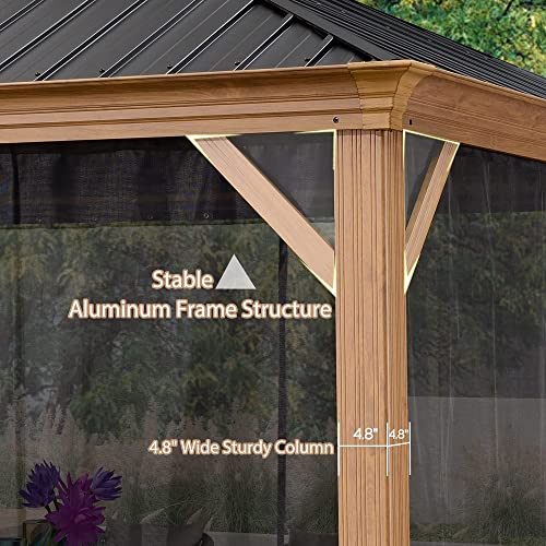 PURPLE LEAF 12' X 12' Outdoor Hardtop Gazebo for Patio Galvanized Steel Double Roof Permanent Canopy Teak Finish Coated Aluminum Frame Pavilion Gazebo with Netting