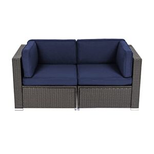 patiomore 2 pieces outdoor wicker loveseat, patio rattan sectional furniture corner sofa set all-weather black brown wicker with removable cushions for balcony, backyard, garden (dark blue)