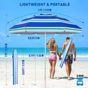 Beach Umbrella for Sand Wind Portable: 7FT Arc Length 6.5FT Diameter Heavy Duty Wind Resistant Striped Large Umbrellas UV 50+ Parasol with Anchor Screw Adjustable Height Tilting Pole 8 Ribs Carry Bag Lightweight