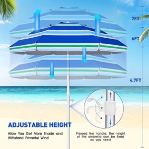 Beach Umbrella for Sand Wind Portable: 7FT Arc Length 6.5FT Diameter Heavy Duty Wind Resistant Striped Large Umbrellas UV 50+ Parasol with Anchor Screw Adjustable Height Tilting Pole 8 Ribs Carry Bag Lightweight