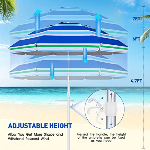 Beach Umbrella for Sand Wind Portable: 7FT Arc Length 6.5FT Diameter Heavy Duty Wind Resistant Striped Large Umbrellas UV 50+ Parasol with Anchor Screw Adjustable Height Tilting Pole 8 Ribs Carry Bag Lightweight