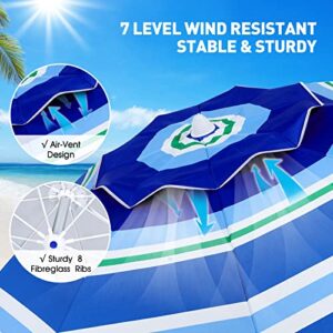 Beach Umbrella for Sand Wind Portable: 7FT Arc Length 6.5FT Diameter Heavy Duty Wind Resistant Striped Large Umbrellas UV 50+ Parasol with Anchor Screw Adjustable Height Tilting Pole 8 Ribs Carry Bag Lightweight