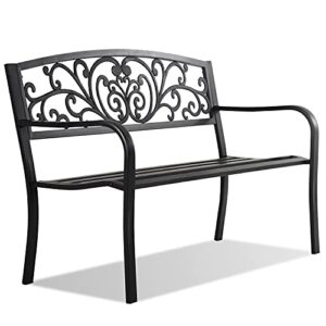 hcy outdoor bench, garden bench metal patio front porch decor furniture with backrest armrests, 50 inch slatted seat for outdoor, park, yard, (black), x 21x 34.6