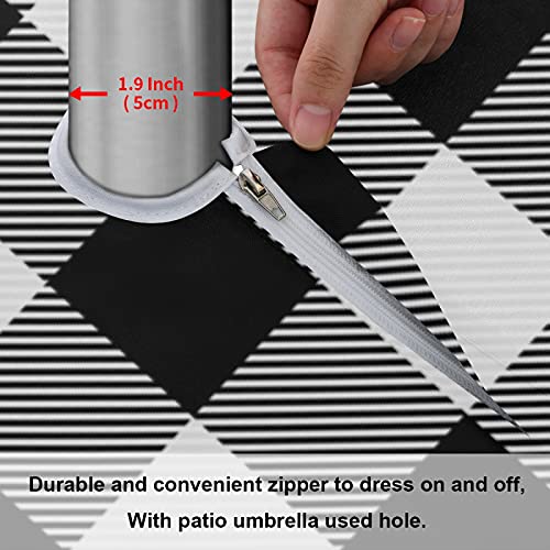 Black White Buffalo Check Outdoor Tablecloth Farmhouse Tartan Round Tablecloths with Umbrella Hole and Zipper Circular Patio Table Cloths Covers for Backyard BBQ Picnic 60 Inch