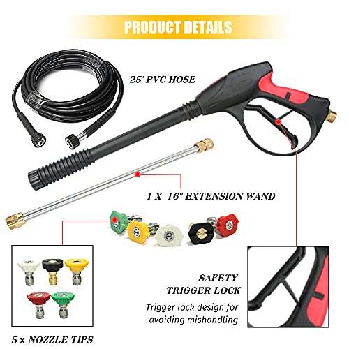 SUNTAI 8-Part Pressure Washer Gun Replacement Kit,4000PSI Power Washer Gun & 25' PVC Hose (M22,14mm),16" Pressure Washer Wand, 5 Quick Connect Pressure Washer Tips, Pressure Washer Parts