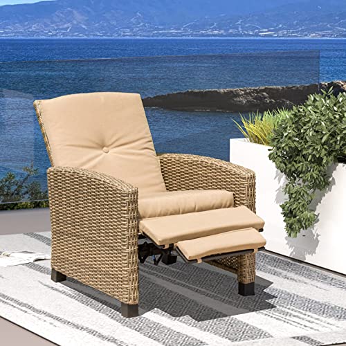 Domi Indoor & Outdoor Recliner, All-Weather Wicker Reclining Patio Chair, Khaki Cushion (Khaki)