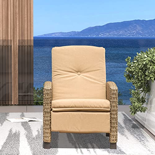 Domi Indoor & Outdoor Recliner, All-Weather Wicker Reclining Patio Chair, Khaki Cushion (Khaki)