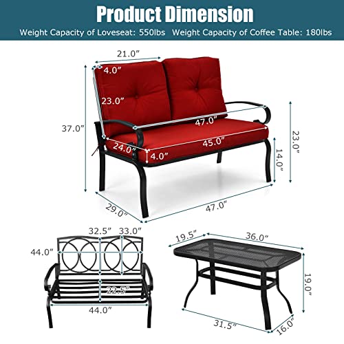 Tangkula Patio Loveseat with Table Set, 2 Seat Cushioned Sofa with Coffee Table, Patio Conversation Sofa Set with Rustproof Frame, 2 Pieces Outdoor Furniture Set for Garden, Poolside, Balcony (Red)