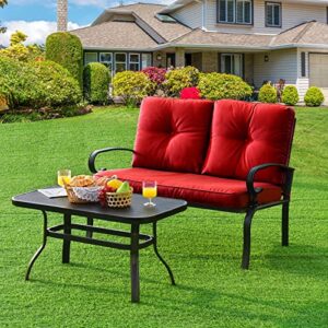 Tangkula Patio Loveseat with Table Set, 2 Seat Cushioned Sofa with Coffee Table, Patio Conversation Sofa Set with Rustproof Frame, 2 Pieces Outdoor Furniture Set for Garden, Poolside, Balcony (Red)