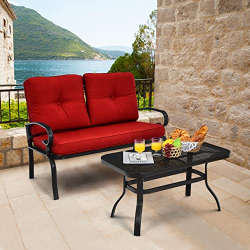 Tangkula Patio Loveseat with Table Set, 2 Seat Cushioned Sofa with Coffee Table, Patio Conversation Sofa Set with Rustproof Frame, 2 Pieces Outdoor Furniture Set for Garden, Poolside, Balcony (Red)