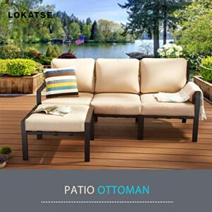 LOKATSE HOME Patio Ottoman Metal Cushion Foot Rest Modern Outdoor Furniture Small Seat for Garden Yard Deck Poolside, Beige