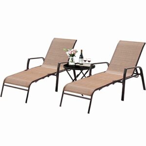 flamaker adjustable patio chaise lounge set 3 pieces textiline outdoor foldable metal reclining chairs with sturdy glass top bistro table for beach, poolside, backyard, porch (beige)