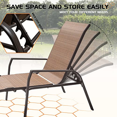 Flamaker Adjustable Patio Chaise Lounge Set 3 Pieces Textiline Outdoor Foldable Metal Reclining Chairs with Sturdy Glass Top Bistro Table for Beach, Poolside, Backyard, Porch (Beige)