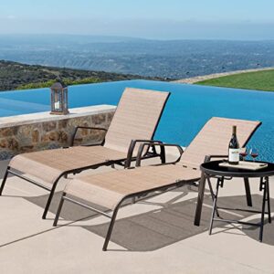 Flamaker Adjustable Patio Chaise Lounge Set 3 Pieces Textiline Outdoor Foldable Metal Reclining Chairs with Sturdy Glass Top Bistro Table for Beach, Poolside, Backyard, Porch (Beige)