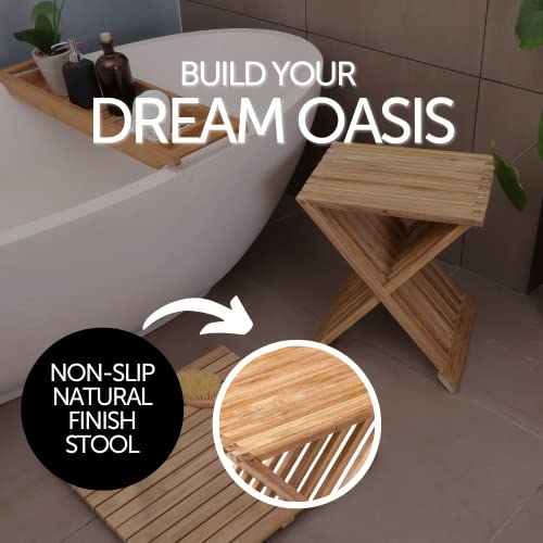 Nordic Style Assembled Bathroom, Spa Teak Wood Folding Stool and Seat 17.7" (Natural Finish, Beige)