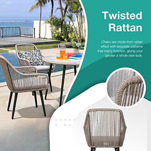 Patiorama Outdoor Dining Chairs, Patio Dining Chair Set of 2, All-Weather Woven Rope Rattan Wicker Chairs, Patio Club Chairs, Outside Chair Seating with Arms and Cushions for Lawn Backyard Pool(Tan)