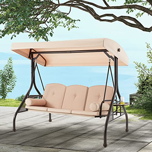 GYUTEI 3-Seat Outdoor Patio Swing Chair,Porch Swing Chair with Adjustable Backrest and Canopy,Outdoor Porch Swing Glider Chair,w/Cushions,Pillows and Cup Holders for Porch,Backyard(Khaki)