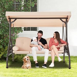 GYUTEI 3-Seat Outdoor Patio Swing Chair,Porch Swing Chair with Adjustable Backrest and Canopy,Outdoor Porch Swing Glider Chair,w/Cushions,Pillows and Cup Holders for Porch,Backyard(Khaki)