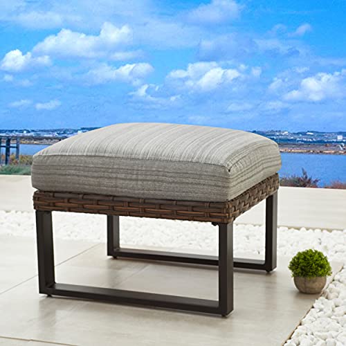 LOKATSE HOME Patio Ottoman Wicker Outdoor Footstool Rest Small Seat Rattan Furniture Cushioned Coffee Table Steel U-Shape Legs for Garden Yard Lawn Deck Poolside, Grey