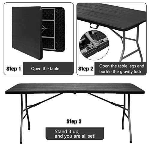 Byliable Folding Table 6ft Portable Heavy Duty Plastic Fold-in-Half 6 Foot Foldable Table Utility Dining Table Indoor Outdoor for Camping Picnic and Party, Black