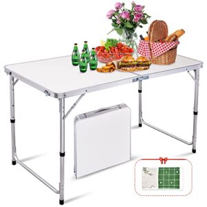 aosion-folding table,48″x24″ 4ft folding picnic table,aluminum portable camping table with handle,adjustable height plastic table for picnic,party,bbq,white