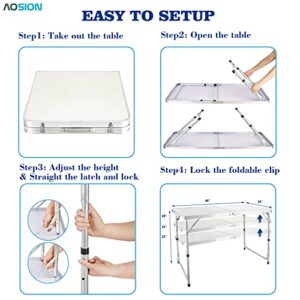 AOSION-Folding Table,48"x24" 4FT Folding Picnic Table,Aluminum Portable Camping Table with Handle,Adjustable Height Plastic Table for Picnic,Party,BBQ,White