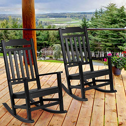 EMMA + OLIVER Set of 2 Black All-Weather Poly Resin Faux Wood Rocking Chairs for Porch &Patio