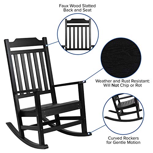 EMMA + OLIVER Set of 2 Black All-Weather Poly Resin Faux Wood Rocking Chairs for Porch &Patio