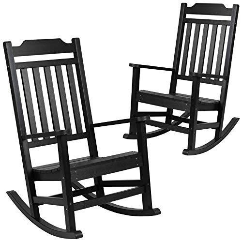 EMMA + OLIVER Set of 2 Black All-Weather Poly Resin Faux Wood Rocking Chairs for Porch &Patio