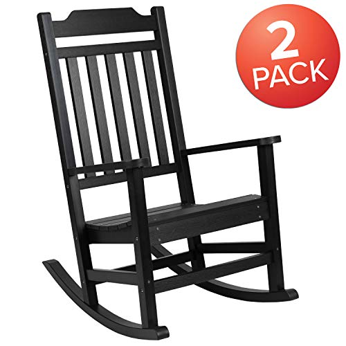 EMMA + OLIVER Set of 2 Black All-Weather Poly Resin Faux Wood Rocking Chairs for Porch &Patio