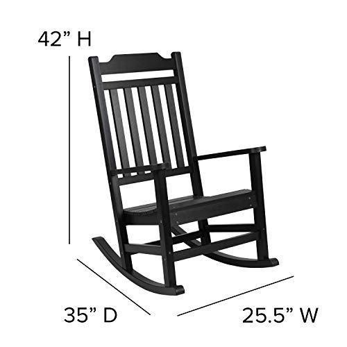 EMMA + OLIVER Set of 2 Black All-Weather Poly Resin Faux Wood Rocking Chairs for Porch &Patio