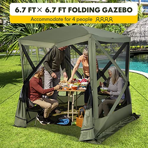 Tangkula 6.7 x 6.7 Ft Pop Up Gazebo with Netting, Portable Screen Tent with 4 Sided Mesh Walls, 2 Sunshade Cloths, UV 50+ Instant Canopy Shelter with Carry Bag for Camping, Lawn, Backyard (Green)