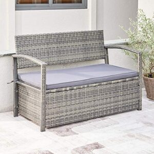 vifah v1924 gabrielle all-weather resin wicker lounge patio sofa storage bench in grey with cushion, gray