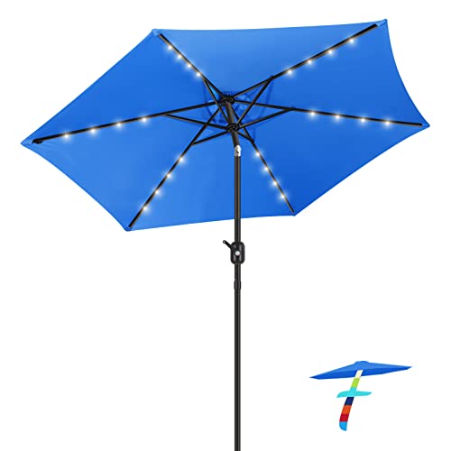 FRUITEAM Solar Patio Umbrella Outdoor LED Swimming Pool Umbrella, 7 1/2 FT Table Umbrella with Lights Heavy Duty Patio Umbrella with Sturdy Ribs, Crank, Easy Tilt Adjustment, Aqua Blue