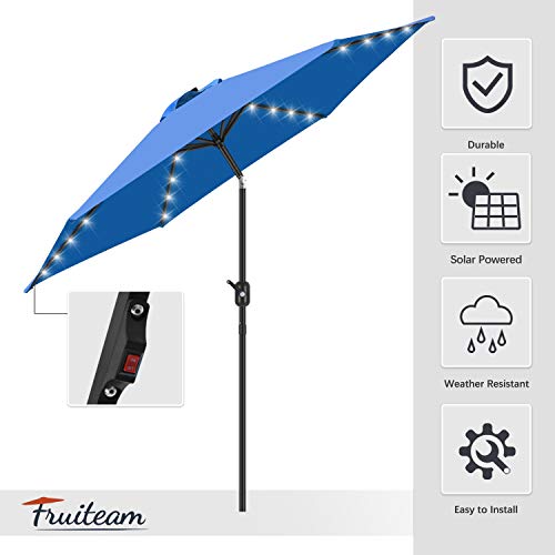 FRUITEAM Solar Patio Umbrella Outdoor LED Swimming Pool Umbrella, 7 1/2 FT Table Umbrella with Lights Heavy Duty Patio Umbrella with Sturdy Ribs, Crank, Easy Tilt Adjustment, Aqua Blue