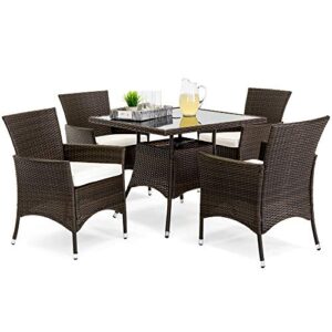 best choice products 5-piece indoor outdoor wicker dining set furniture for patio, backyard w/square glass tabletop, umbrella cutout, 4 chairs – cream