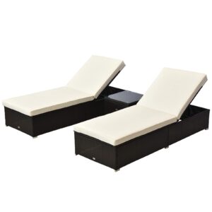 Outsunny Outdoor Lounge Chairs Set of 2 with 5-Level Angles Adjust Backrest, Thick Cushions, & Matching Table, Patio Rattan Furniture Sets for Pool Side, Balcony, Beach, Yard, Cream White