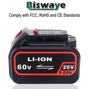 Biswaye 9.0Ah Battery DCB609 Replacement for DEWALT 20V/60V 120V MAX XR Lithium-Ion Battery DCB606 DCB609 DCB612 DCB203 DCB204 DCB207 DCB206 DCB201