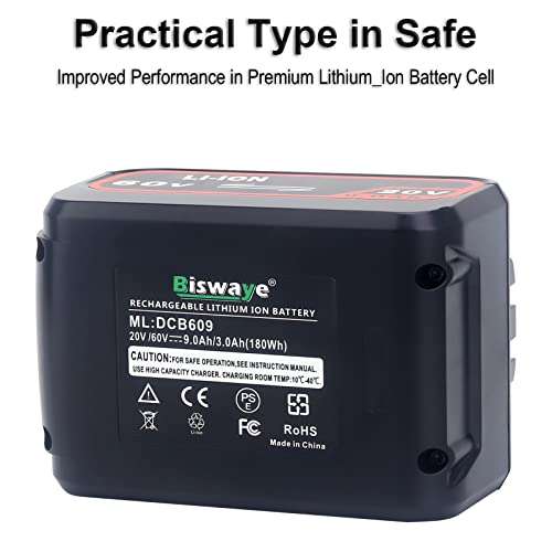 Biswaye 9.0Ah Battery DCB609 Replacement for DEWALT 20V/60V 120V MAX XR Lithium-Ion Battery DCB606 DCB609 DCB612 DCB203 DCB204 DCB207 DCB206 DCB201