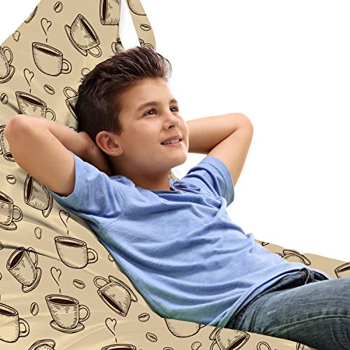 Lunarable Coffee Lounger Chair Bag, Illustration of Sketched Coffee Beans and Steaming Cups Drawn by Hand, High Capacity Storage with Handle Container, Lounger Size, Beige and Dark Brown