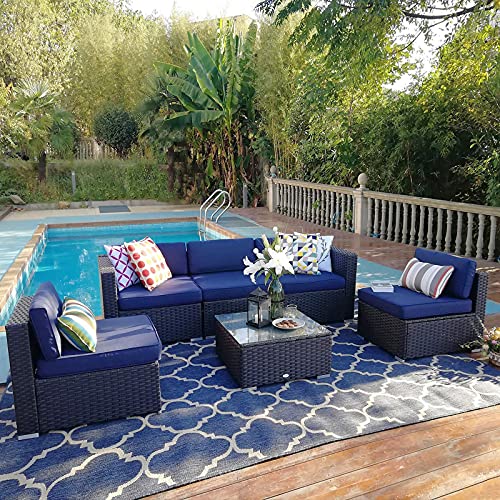 Sophia & William Patio Outdoor Furniture Wicker Sectional Sofa Set All-Weather Low Back Patio Conversation Set W/Tea Table and Washable Couch Cushions (6 Piece-Navy Blue)