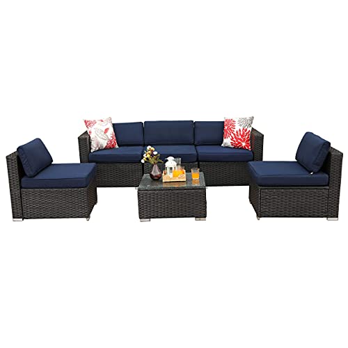 Sophia & William Patio Outdoor Furniture Wicker Sectional Sofa Set All-Weather Low Back Patio Conversation Set W/Tea Table and Washable Couch Cushions (6 Piece-Navy Blue)