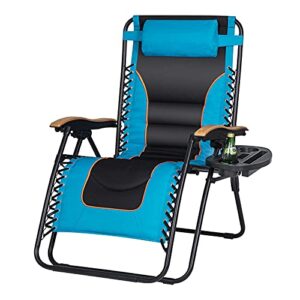 voysign oversized reclining patio chair, xl padded adjustable zero gravity lounge chair w/pillows and cup holder trays, support 350 lbs – sky blue